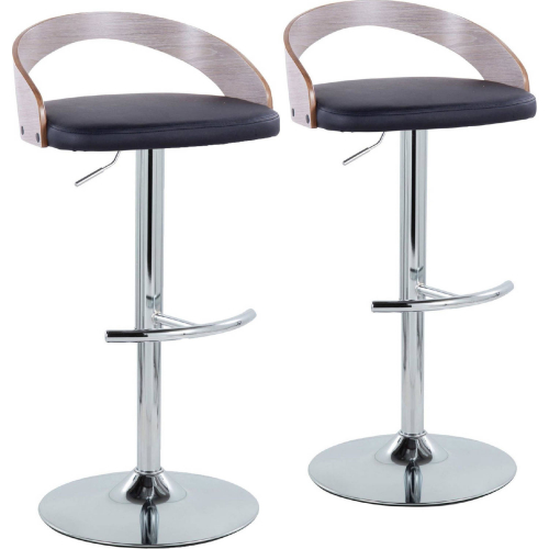 Grotto Adjustable Swivel Bar Stool in Chrome, Light Grey Wood & Black Leatherette (Set of 2)